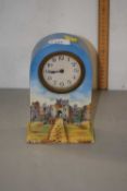 20th Century porcelain cased mantel clock with castle decoration