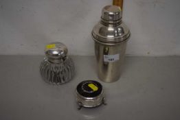 Mixed Lot: Silver plated cocktail shaker, silver topped cut glass inkwell and a further silver and