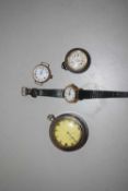 Small 9ct gold cased ladies wristwatch together with further wristwatch and pocket watches (a/f)