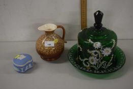Mixed Lot: A green glass cheese cover together with a Jasper ware trinket box and a Devon jug