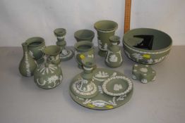 Collection of Wedgwood green Jasper wares to include vases, candlesticks, bowls, plates etc