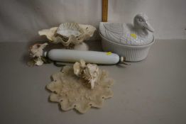 Mixed Lot: Milk glass rolling pin, a large duck shaped casserole dish, various sea shells and