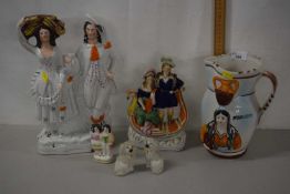 Mixed Lot: Staffordshire flat back figures, pair of Spaniel models and a further continental jug