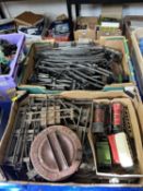 Two boxes of assorted toy trains and track, carriages and engines