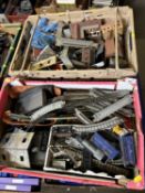 Two boxes of assorted model railway track, engines, carriages, scenery etc