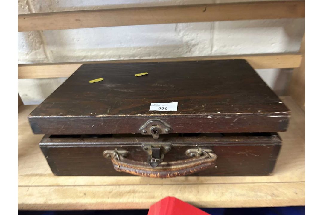 Wooden storage box with tin plate miniature train and other items