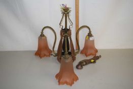 Copper and brass mounted three branch light fitting together with a further toilet roll holder