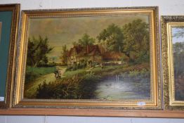 Oleograph study of figures before a country cottage