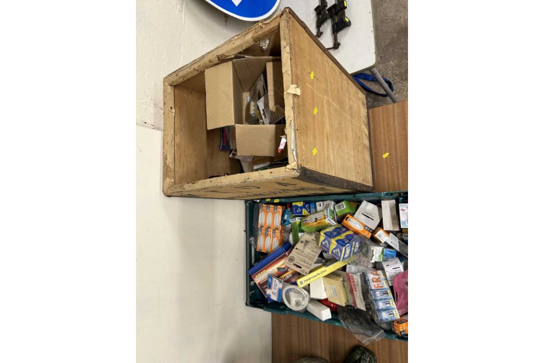 Two boxes of various shed clearance items, light bulbs, batteries, digital TV, USB sticks etc