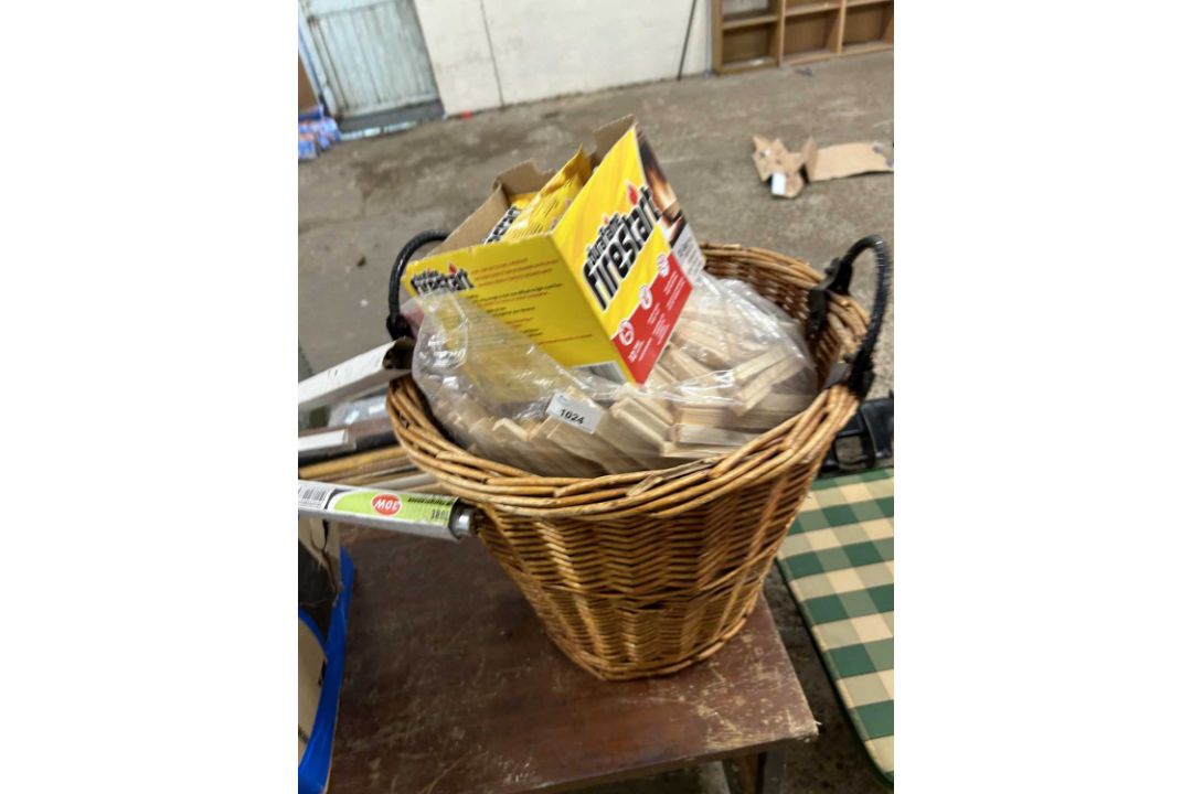 Wicker log basket together with fire lighters etc