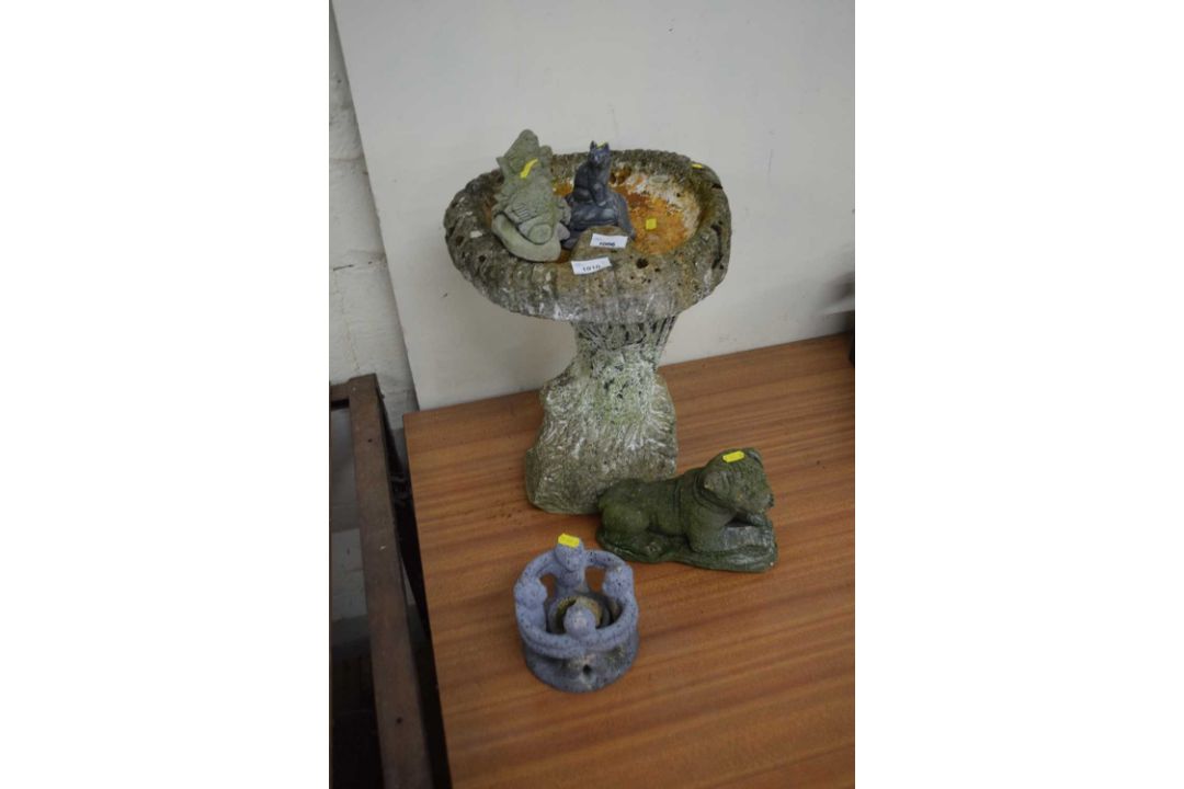 Mixed lot of concrete composite statues, bird bath etc