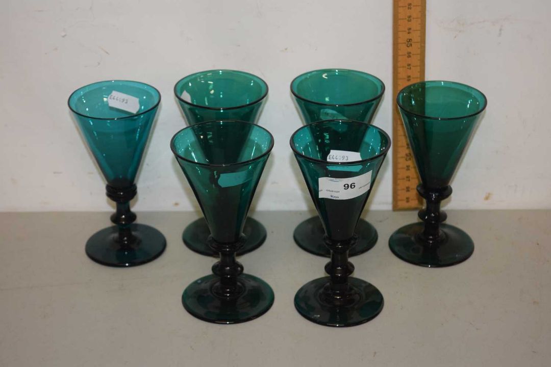 A set of six Victorian turquoise wine glasses