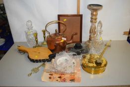 Mixed Lot: Copper kettle, chestnut roaster, toasting fork, various decanters, candlestick etc