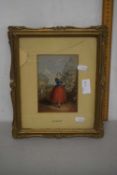 George Baxter, coloured print of a young lady in red dress