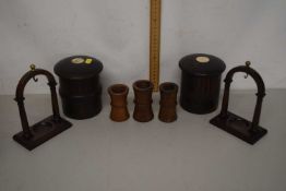 Mixed Lot: Hardwood tobacco jars together with pocket watch stands and other items