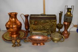 Mixed Lot: Various brass and copper wares to include vases, magazine rack, chargers, teapot etc