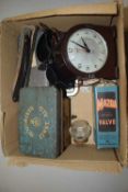 Mixed Lot: Smiths bakelite cased clock, vintage tins, vintage razors etc