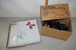A vintage Supreme electric hairdryer together with an embroidered cloth