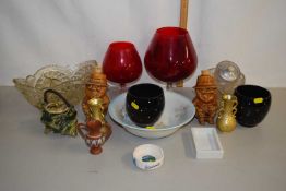 Mixed Lot: Various glass wares and ceramics to include red glass vases, novelty spirit bottles etc