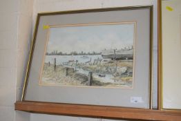 Audrey Shanks - Riverside scene, watercolour, framed and glazed