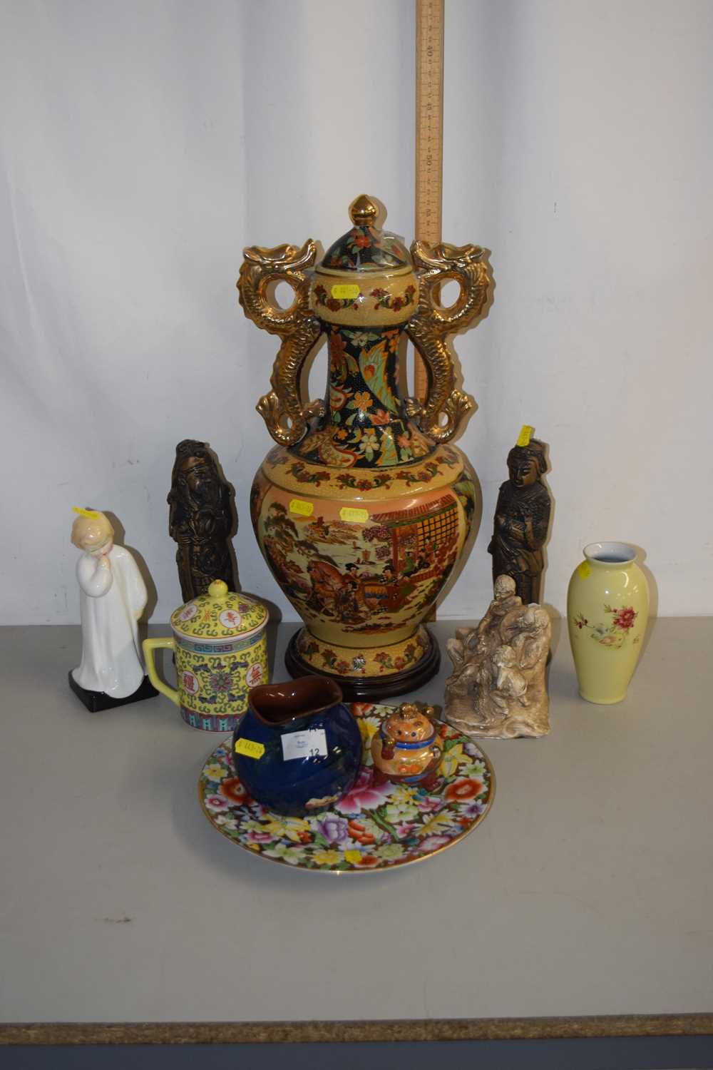 Mixed Lot: A large reproduction Chinese vase with dragon handles, together with further items to