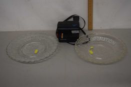 Vintage Poloroid camera together with two moulded glass royal commemorative bowls, George V and