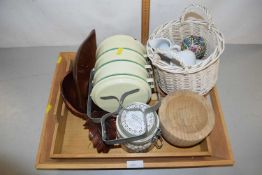 Mixed Lot: Wooden serving trays, enamel food storage container etc