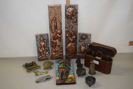 Mixed Lot: Copper finish wall plaques, various assorted metal ornaments, gents travelling vanity set
