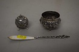 Mixed Lot: Far Eastern white metal pepper pot and salt together with a further butter knife