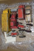 Box of vintage die cast vehicles to include a Dinky Weetabix lorry and various others