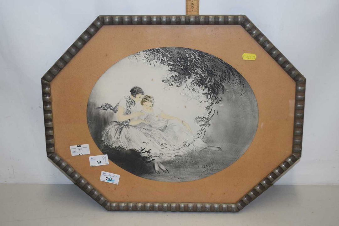 A Belgian tray of octagonal form, the centre with a print of two ladies