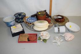 Mixed Lot: A porcelain Bosworth Rose by Greenman Ceramics, various wall plaques, crystal glass