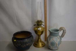 Stone ware jardiniere, brass based oil lamp and a further jug