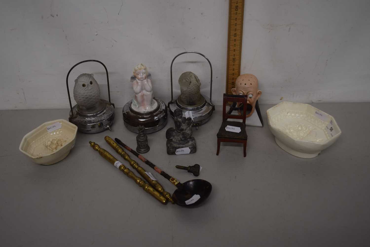 Mixed Lot: Small lanterns, miniature moulds, hat pin stand and other items