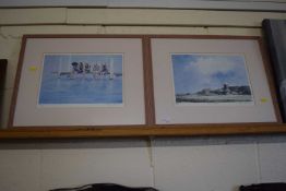 Adrian Taunton - Two coloured prints, Spring Sunlight and figures on a jetty