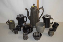 Mixed Lot: Pewter coffee pot, small pewter measures, various Prinknash tea wares