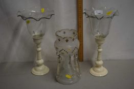 Late Victorian opaque glass lustre vase together with a further pair of candle stands