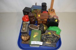 A tray containing a quantity of metal oney boxes, some vintgage items including a brass example