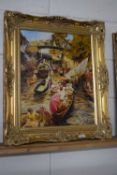 Oil on canvas of a boating scene, Cambridge, in gilt frame