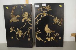 Two wooden panels, Japanese with moulded decoration in relief of birds, both with seal mark, 46 x