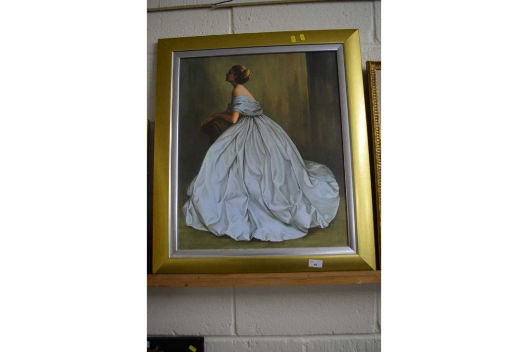 Oil on board of a young lady in evening dress
