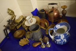 Group of metal wares, candlesticks, copper kettle and a Bisto ceramic jug