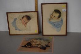 Two prints of sleeping children (a/f) and a further print of a child with a dog
