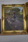 Oil on canvas of a hunting scene in gilt frame