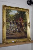Oil on canvas of a hunting scene, gilt frame