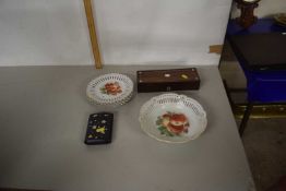 Small pencil Onyx box with mother of pearl inlay and some continental porcelain ribbon plates