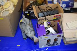 Quantity of mixed wares to include alarm clock, telephone, ceramic model of a clock tower train