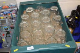 Two boxes of vintage glass pint mugs, dimpled pint mugs etc