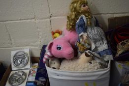 Box of assorted children's cuddly toys and dolls etc