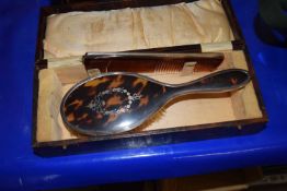 Cased box vanity set, tortoiseshell and silver hairbrush and hair comb in box etc